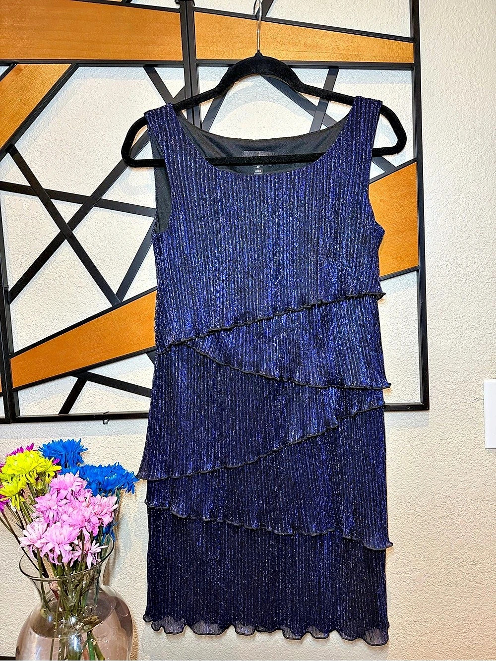 Connected Apparel Blue Ruffle Mini Dress Size 4P Like New